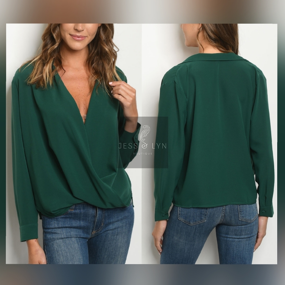 🆕Green Collared Open Blouse w/Long Sleeves
